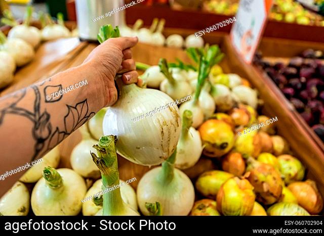 Full frame close up of a bunch of onions. Natural daylight. For wallpaper or background use. Organic vegetables at the local food market