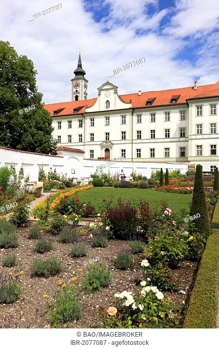 View of the prelate gardens, Kloster Schaeftlarn monastery, abbey of St. Denis and Juliana, Benedictine Abbey in Schaeftlarn, Munich district, Bavaria, Germany