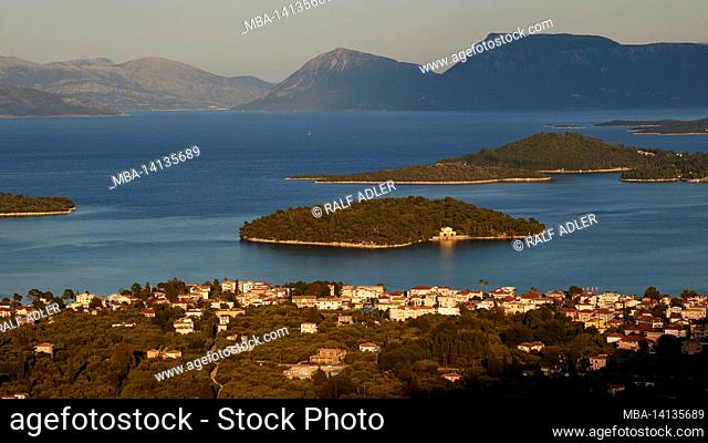 greece, greek islands, ionian islands, lefkada or lefkas, bay of nidri, view from above of the offshore islets, in the middle distance the wooded islet madouri...
