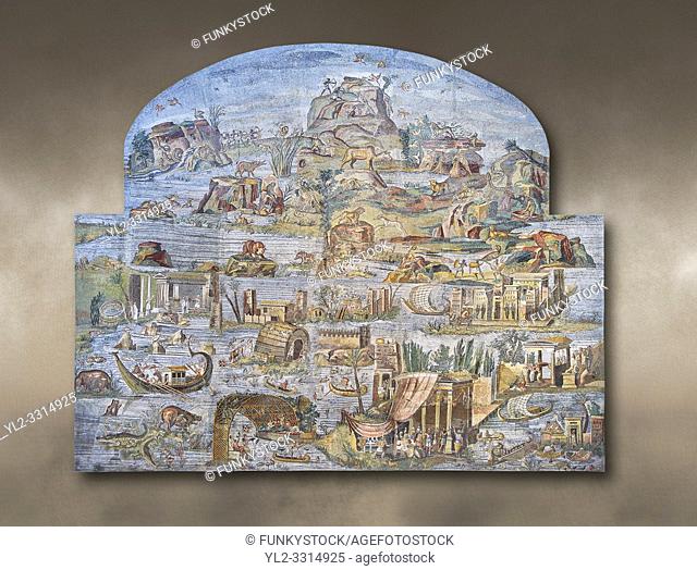 Pictures of the famous Nilotic landscape Palestrina Mosaic or Nile mosaic of Palestrina of the Museo Archeologico Nazionale di Palestrina Prenestino (Palestrina...