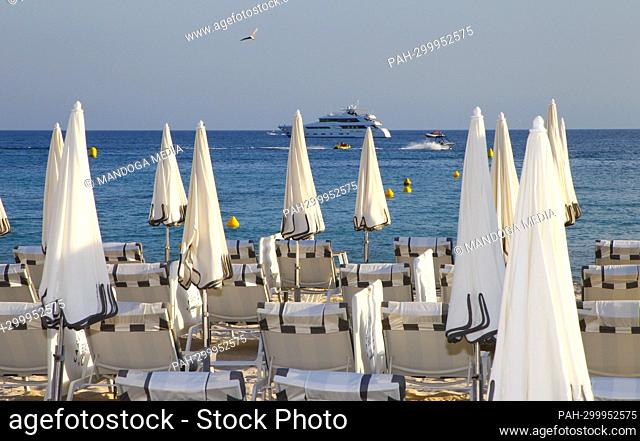 Cannes, France - July 08, 2022: Carlton Beach Club at InterContinental Carlton Cannes, an IHG Hotel. Croisette, Beach, Travel, Vacation, Sea, Water, Mer