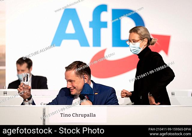 11 April 2021, Saxony, Dresden: Alice Weidel, leader of the AfD parliamentary group, and Tino Chrupalla, AfD national spokesman