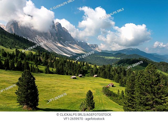 Funes Valley, Dolomites, South Tyrol, Italy. The Barns on the Malga Caseril/Kaserillalm. In the background the peaks of the Odle