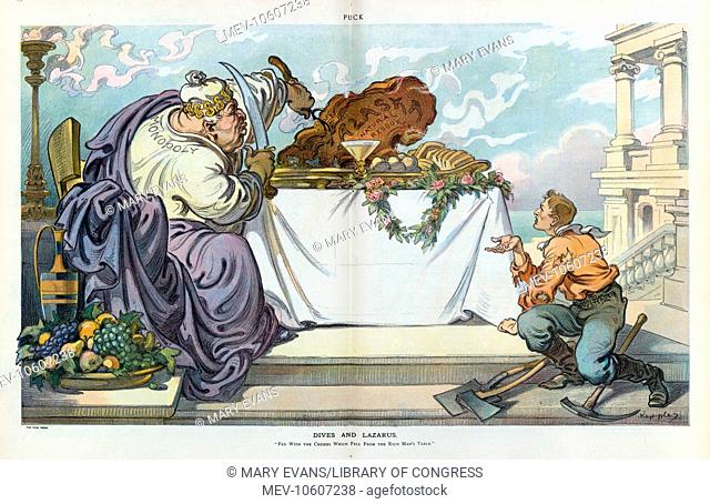 Dives and Lazarus. Illustration shows a fat man labeled Monopoly feasting on a large piece of meat labeled Alaska Natural Resources while a beggar labeled...