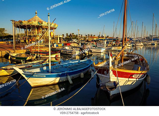 Fishing boats at fishing port, Marina, old harbour. Village of Bandol. Var department, Provence Alpes Cote d'Azur. French Riviera. Mediterranean Sea
