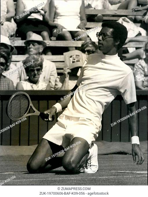 Jun. 06, 1970 - The First Day of the Wimbledon tennis tournament. Arthur Ashe (USA) versus Graham Stilwell (GB). Photo shows Arthur Ashe