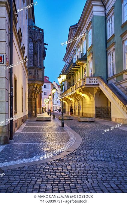 Europe Prague, Czech Republic, lampposts of light in night