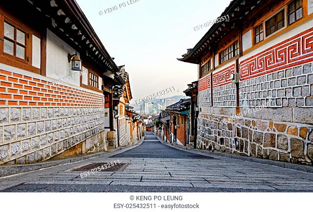 Bukchon Hanok historic district in Seoul at sunset, South Korea