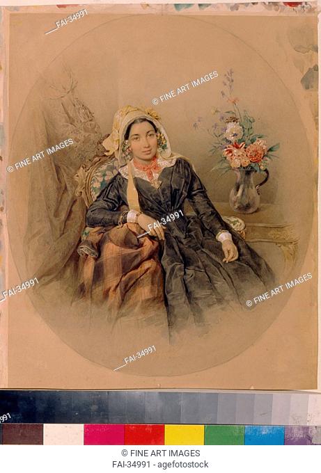 Portrait of Baroness Iuliania Ivanovna Klodt von Jürgensburg by Sokolov, Pyotr Fyodorovich (1791-1848)/Watercolour on paper/Romanticism/1845/Russia/State...