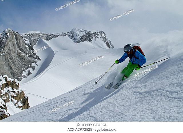 Young male skier skis untracked powder at Chatter Creek Catskiing, near Golden, BC, Canada