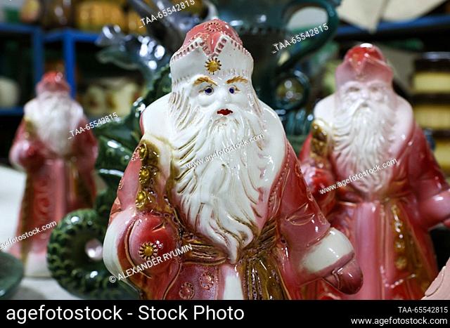 RUSSIA, SKOPIN - DECEMBER 7, 2023: Christmas decorations produced at the Skopin Art Pottery factory in the town of Skopin in Russia’s Ryazan Region