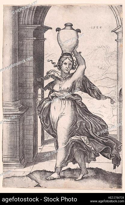Woman Carring a Vase on Her Head, dated 1528., dated 1528. Creator: Agostino Veneziano