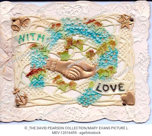 Clasped hands and blue flowers on a romantic greetings card -- With Love