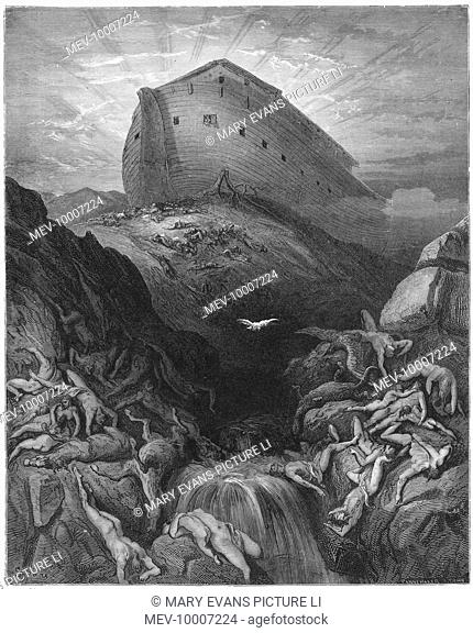 Old Testament -- Noah's Ark, resting on Mount Ararat after the Deluge, with the bodies of drowned people littering the landscape