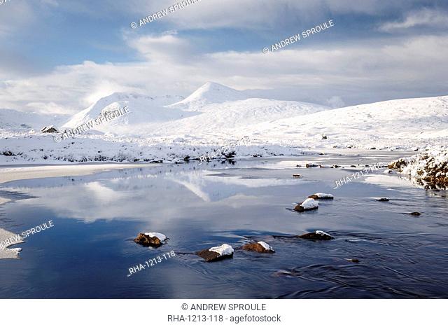 A wintery scene of Black Mount from Lochan na h-achlaise on Rannoch Moor, Highlands, Scotland, United Kingdom, Europe