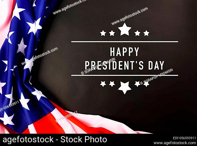 United States National Holidays. American or USA Flag with ""HAPPY PRESIDENT'S DAY"" text on black background, President Day concept