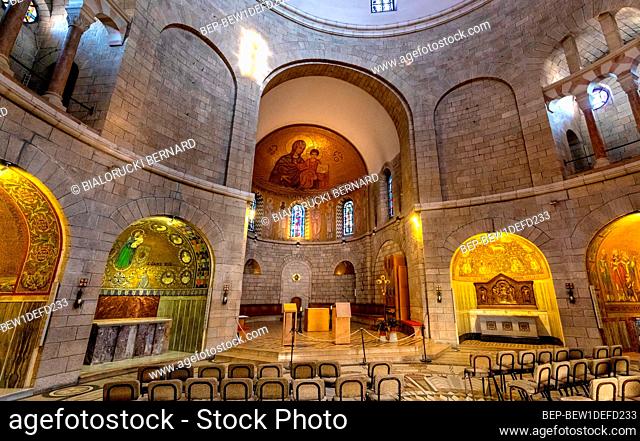 Jerusalem, Israel - October 13, 2017: Interior chapels and main nave of Benedictine Dormition Abbey on Mount Zion, near Zion Gate outside walls of Jerusalem Old...
