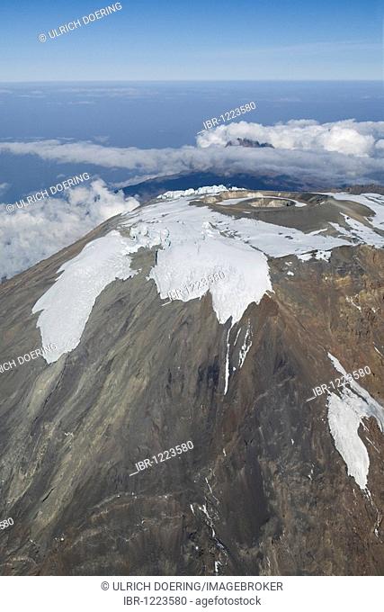 Aerial view of Mt. Kilimanjaro 19335 ft or 5895 m Northern Ice field, Penck Glacier at lower right, Tanzania, Africa