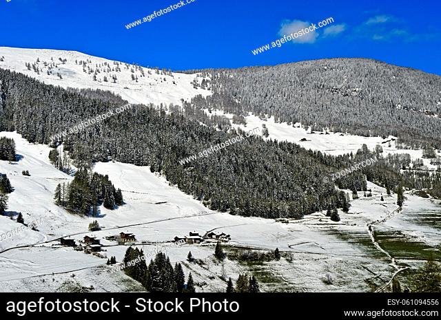 Neuschnee im Tal Val d'Entremont, hinten Mont Velan, Liddes, Wallis, Schweiz / Fresh snow in the Val d'Entremont valley, peak Mont Velan behind, Liddes, Valais