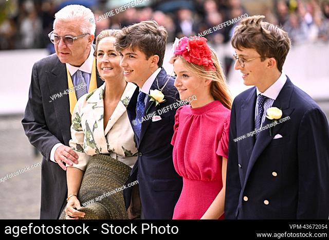 Prince Laurent of Belgium, Princess Claire of Belgium, Prince Aymeric, Princess Louise and Prince Nicolas pictured arriving for the wedding ceremony of Princess...