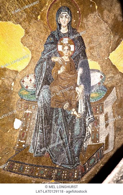 Mosaic of the Virgin Mary and Jesus Christ. The Aya Sofya or Haghia Aghia Sophia was the greatest Christian cathedral of the Middle Ages