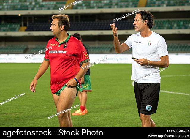 Italian comedian Pio D'Antini and former Italian footballer Fabio Galante at the Match of the Heart live from the Bentegodi Stadium in Verona with the...