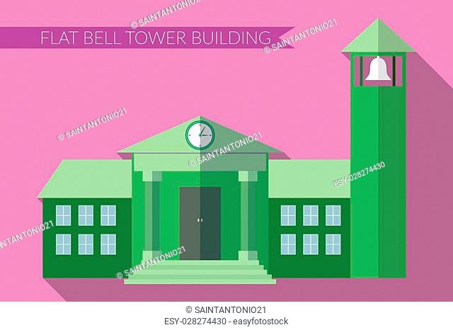 Flat design modern vector illustration of building with bell tower icon, with long shadow on color background