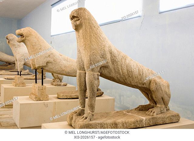 The original Lions of the Naxians inside Delos Museum, Delos Archaeological Site, Delos, near Mykonos, Greece