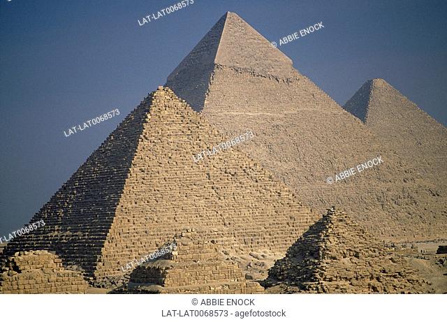 Pyramids in desert. Great Pyramid of Cheops/ Pyramid of Chephren/ Mycerinus. Smaller Queen's pyramids