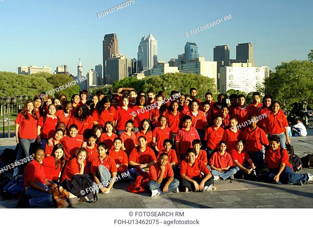 Philadelphia, PA, Pennsylvania, Downtown Skyline from the Philadelphia Museum of Art, group of students with red T-shirts posing for picture, field trip