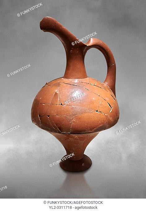 Hittite terra cotta pitcher - 16th century BC - Hattusa ( Bogazkoy ) - Museum of Anatolian Civilisations, Ankara, Turkey . Against grey art background