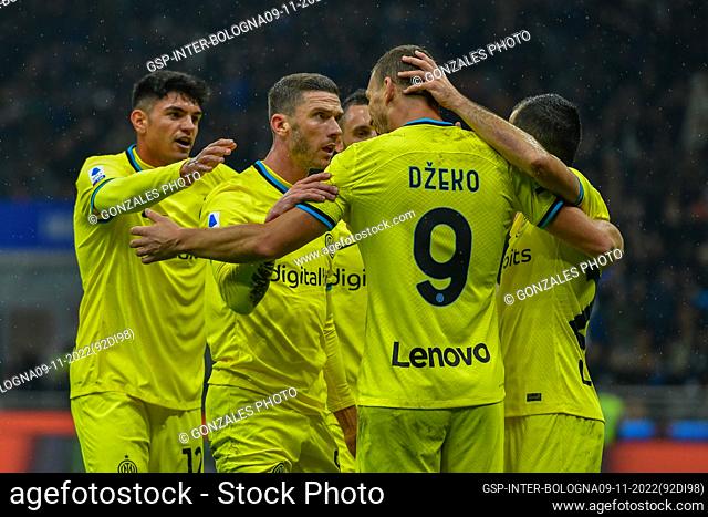 Milano, Italy. 09th, November 2022. Robin Gosens (8) of Inter scores for 6-1 and asssist from Edin Dzeko (9) during the Serie A match between Inter and Bologna...
