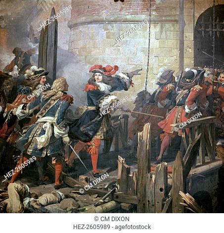 Louis XIV leads the assault of Valenciennes on 17th May 1677. This painting is from the Gallery of Battles at Versailles