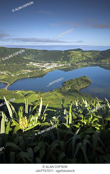 Sete Cidades village with Lagoa Azul & Lagoa Verde, Sao Miguel Island, Azores, Portugal