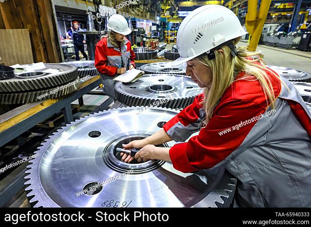 RUSSIA, SVERDLOVSK REGION - DECEMBER 19, 2023: Lastochka ES104 high-speed electric train wheelsets are seen during a quality control at the Ural Locomotives...