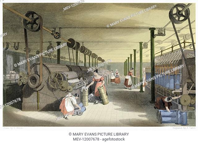 Interior of cotton mill: girls and women tend carding, drawing and roving machinery