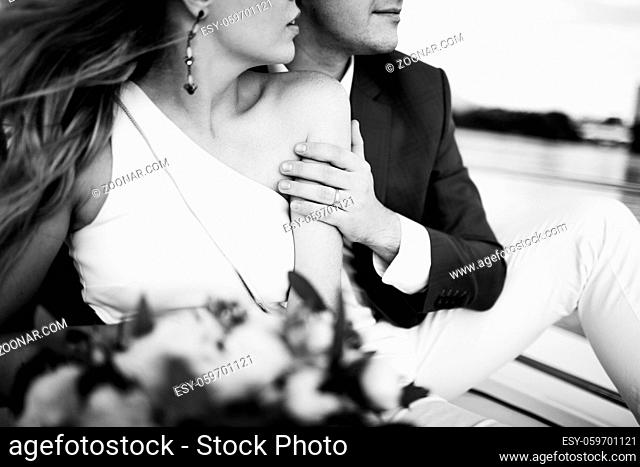 Wedding couple bride and groom together forever black and white image
