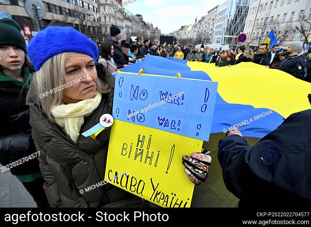 Demonstration against Russian invasion to Ukraine at the Wenceslas square in Prague, Czech Republic, February 27, 2022, staged by Million Moments for Democracy