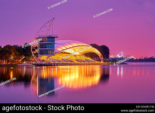 PUTRAJAYA, MALAYSIA - January 02, 2016 : Water Sport Center, located at Putrajaya, Malaysia, captured in beautiful night scene with purple sky