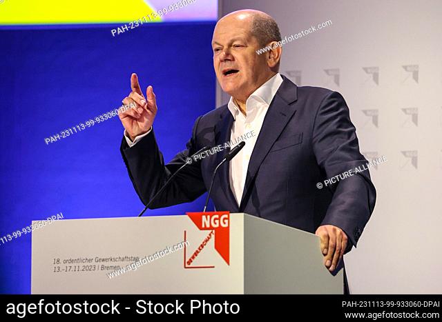 13 November 2023, Bremen: Federal Chancellor Olaf Scholz (SPD) speaks at the trade union conference of the Food, Beverages and Catering Union NGG at the...