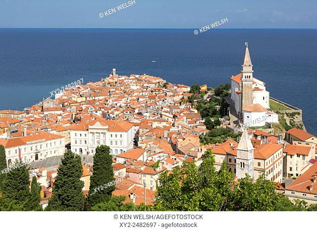 Piran, Primorska, Slovenia. Overeall view of the town and of St. George's cathedral from the Town Walls