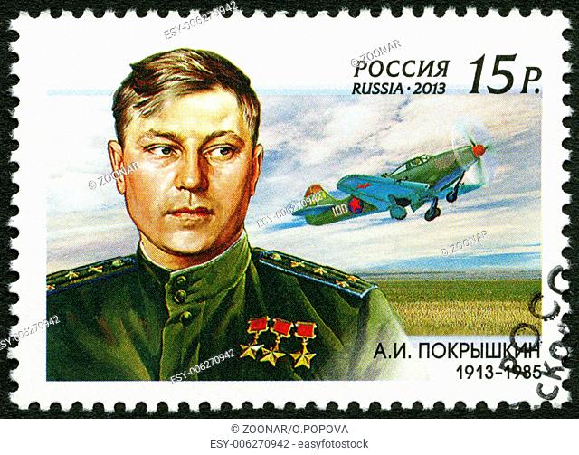 RUSSIA - 2013: shows The 100th birth anniversary of A.I. Pokryshkin (1913-1985), a Soviet flying ace