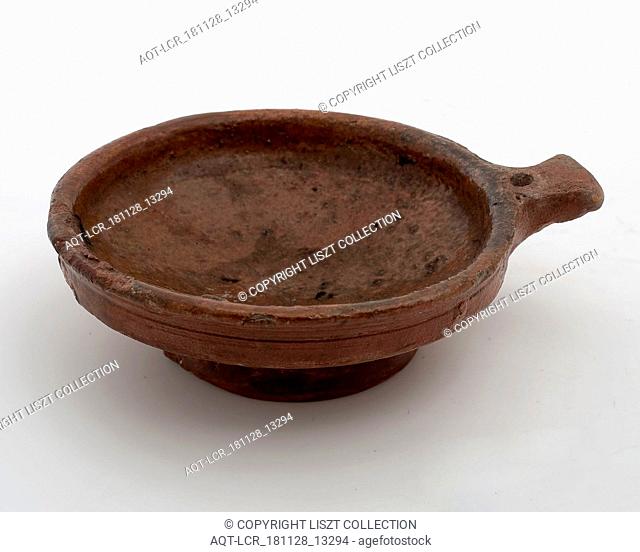 Pottery miniature saucepan or wine bowl with red shard and inside with lead glaze, short handle with hole and stand, saucepan pan holder kitchenware model...