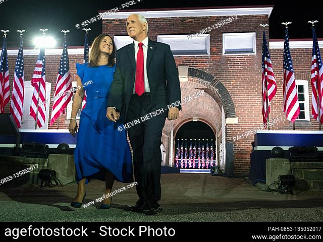 United States Vice President Mike Pence and his wife Karen Pence arrive for the third night of the Republican National Convention, at Ft