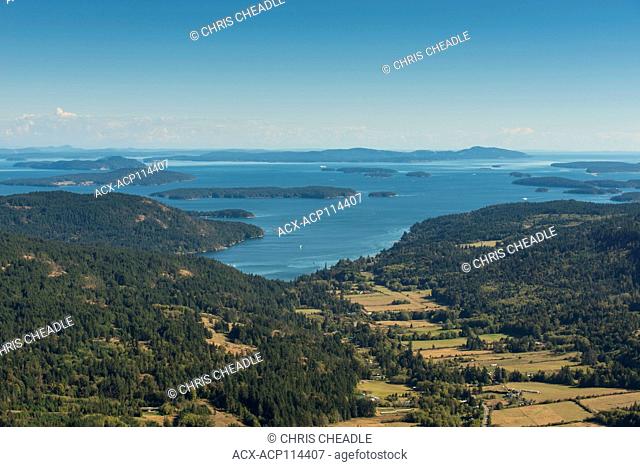 Mountain top views towards Fulford Harbour, from Mt Maxwell. Salt Spring Island, British Columbia, Canada
