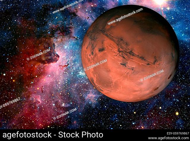 Solar System - Mars. It is the fourth planet from the Sun. Mars is a terrestrial planet with a thin atmosphere, having craters, volcanoes, valleys, deserts