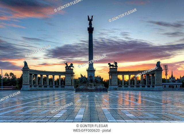 Hungary, Budapest, Heroes' Square, Millennium Monument at sunset