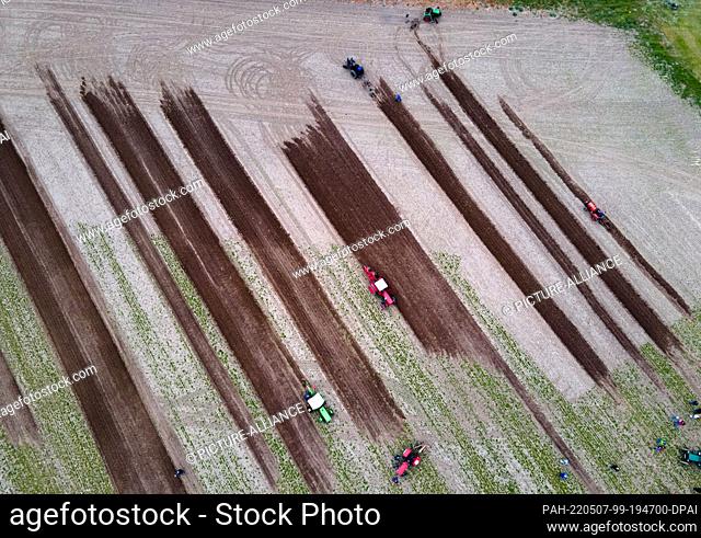 07 May 2022, Mecklenburg-Western Pomerania, Brüsewitz: Historical tractors pull the plows across the fields under the critical gaze of judges at the 19th West...