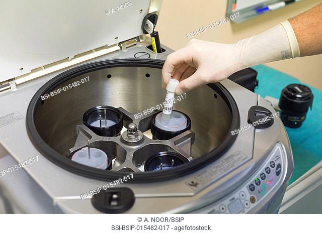 Reportage in the reproductive biology service in Nice hospital, France. In the ART (assisted reproductive technology) lab, preparing sperm for an IVF