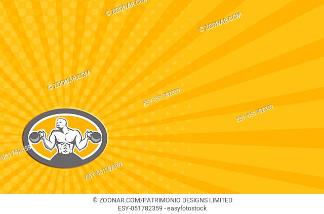 Business Card illustration of a bodybuilder athlete muscle-up lifting kettlebell facing front set inside oval shape done in retro style on isolated white...